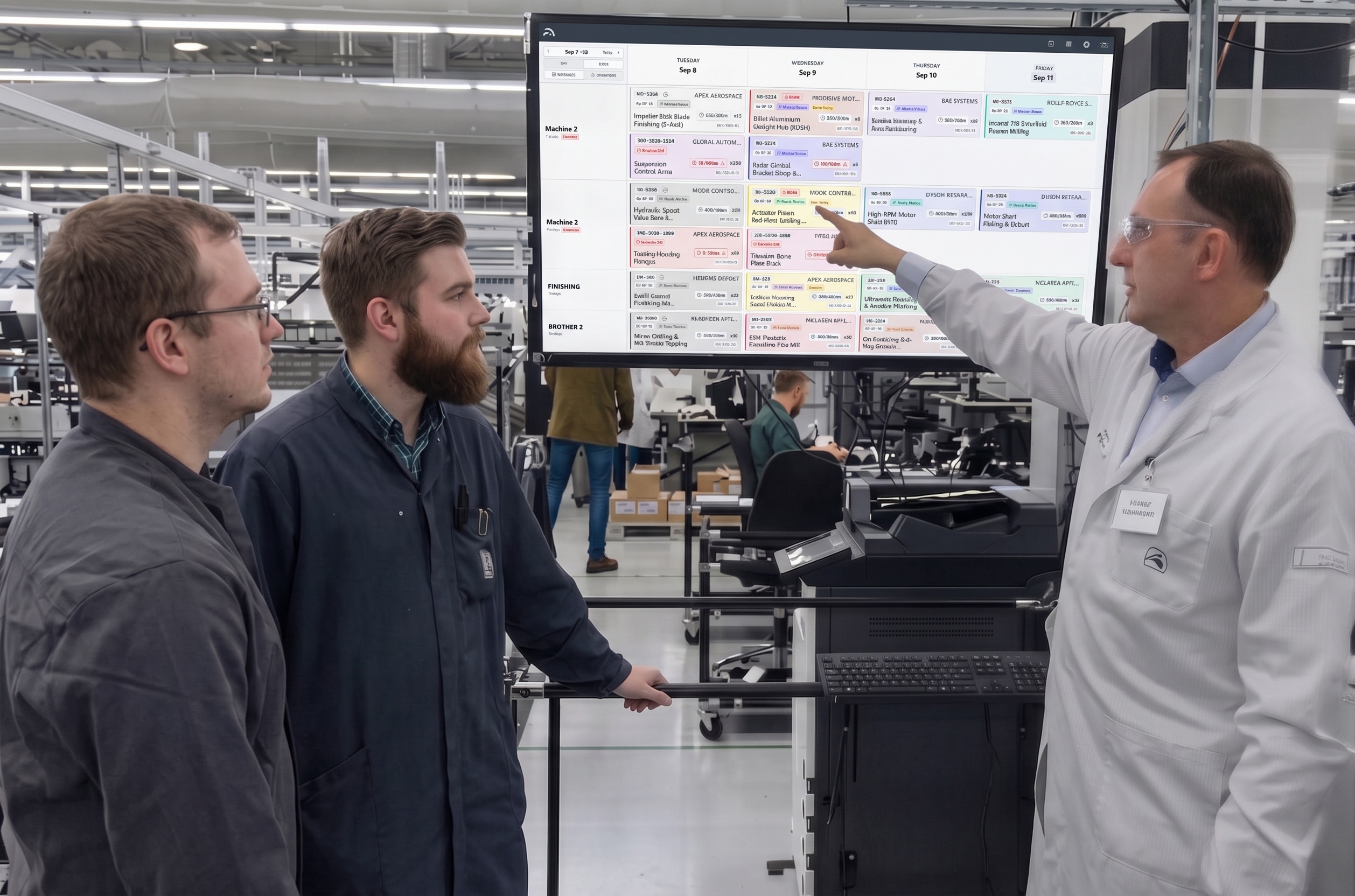 Machine shop team reviewing Synctile production schedule on shop floor display