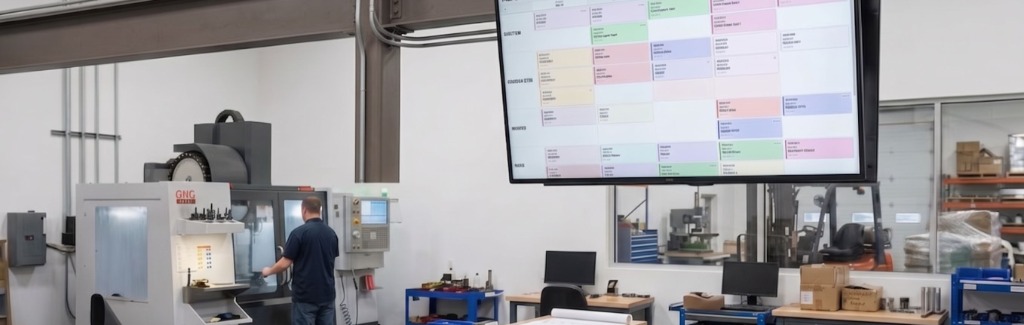 Overhead shop floor TV display in sheet metal fabrication workshop showing laser and press brake queues